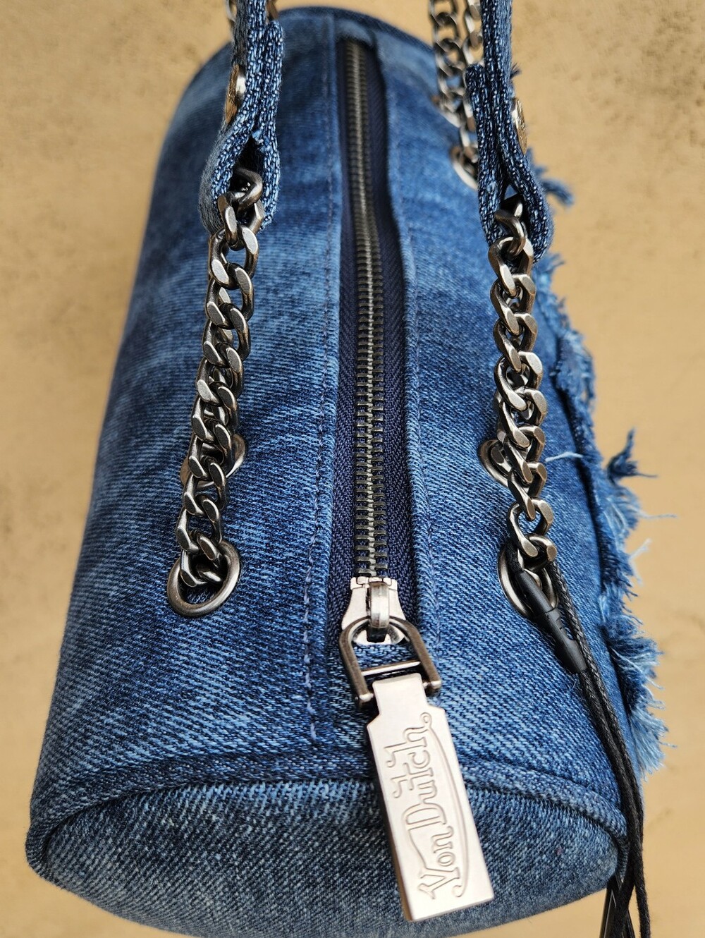 Von Dutch Distressed Denim Barrel Shoulder Bag - Picture 5 of 15
